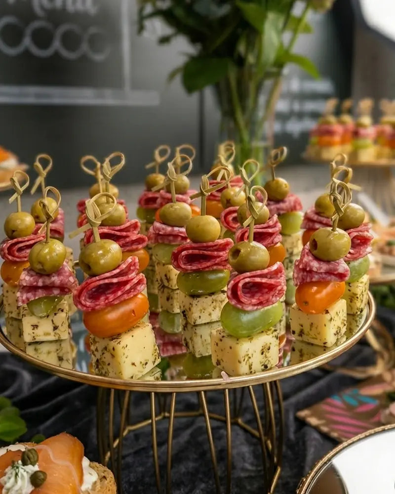 Brocheta de cóctel con salame, queso mantecoso y tomate cherry para eventos en Santiago.