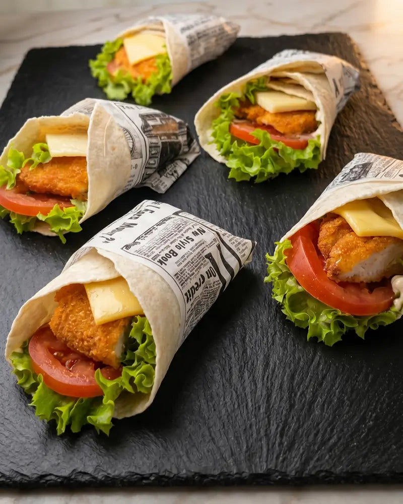Mini wrap de pollo crujiente con vegetales, catering a domicilio en Santiago.