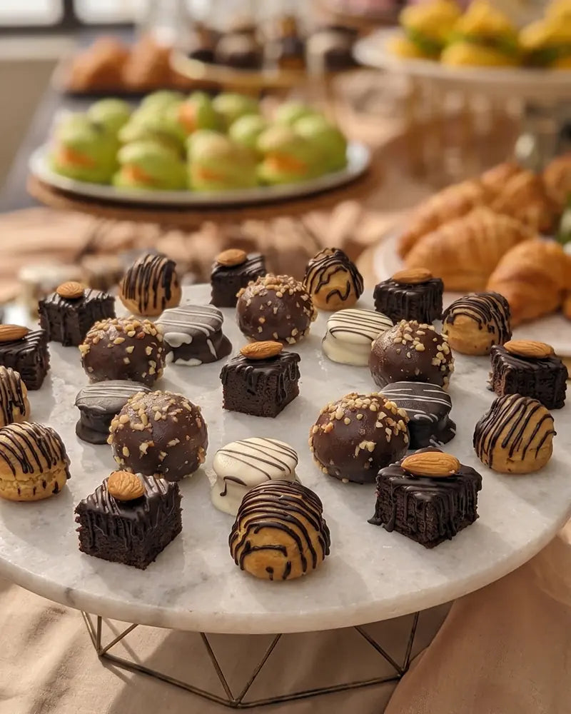 Variedad de mini dulces gourmet para banquetería fina y celebraciones en Santiago.